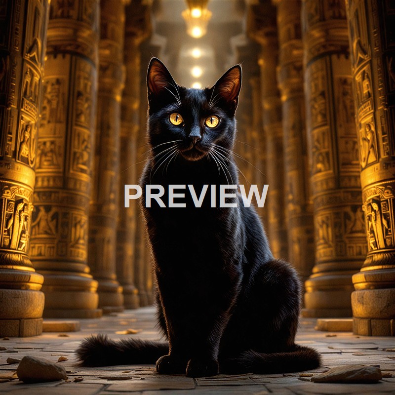 A black cat with striking yellow eyes sitting on a stone floor in the center of an ornately decorated, golden interior corridor with tall, intricately carved columns and warm lighting.